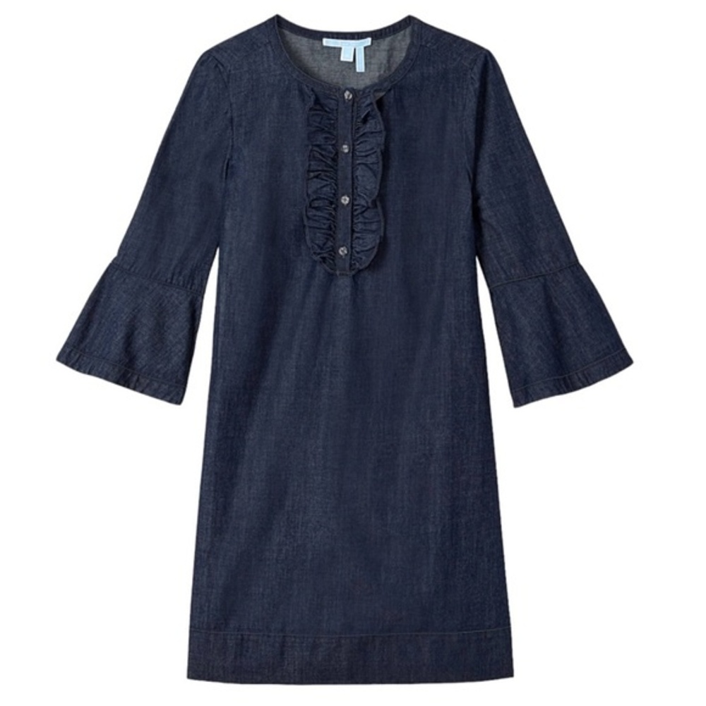 Draper James Chambray Ruffle Bell Sleeve Shift Dress Dark Wash Women’s Size 8